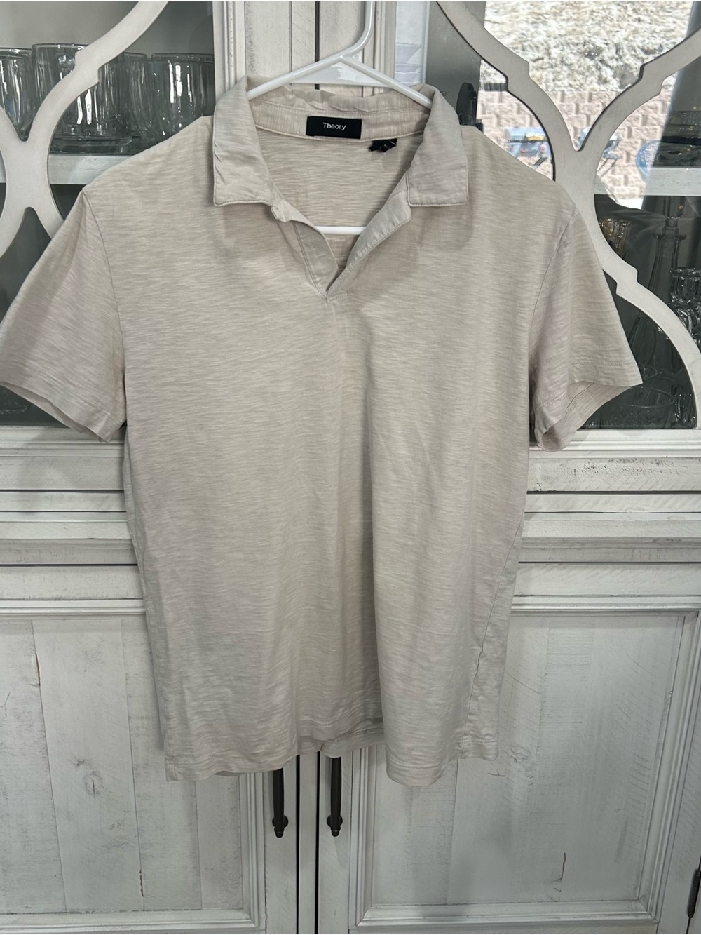 Theory Willem Cosmos Slub Cotton Polo Shirt Beige Short Sleeve Size Small